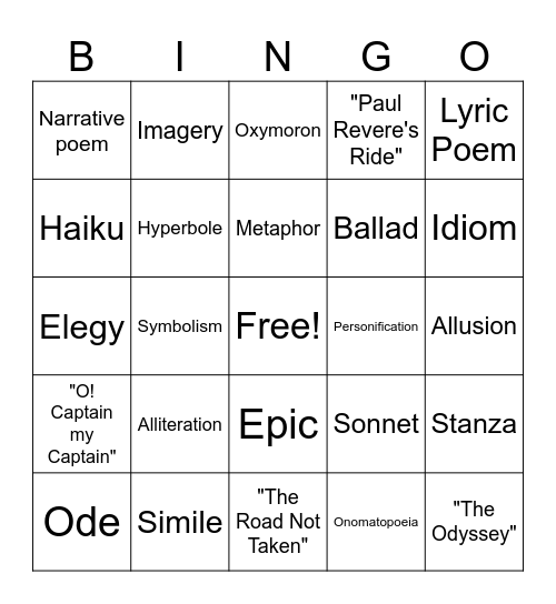 Poetry Bingo Card