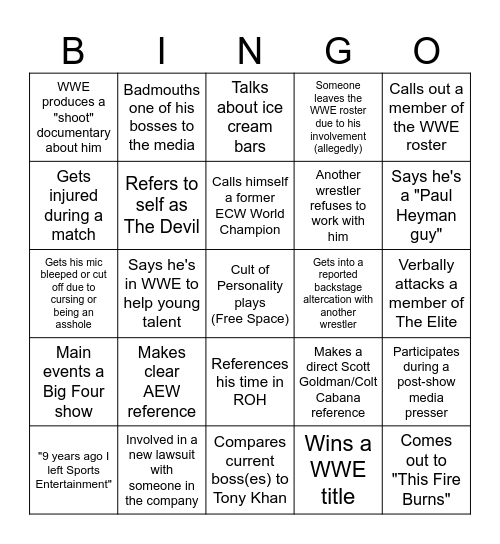 CM Punk BINGO Card