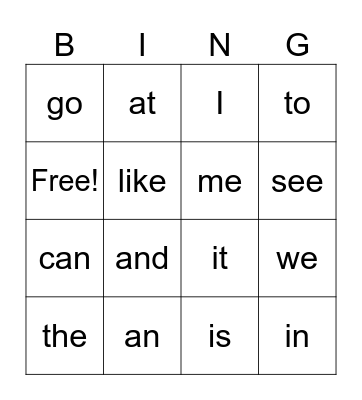 Sight Words 1 Bingo Card