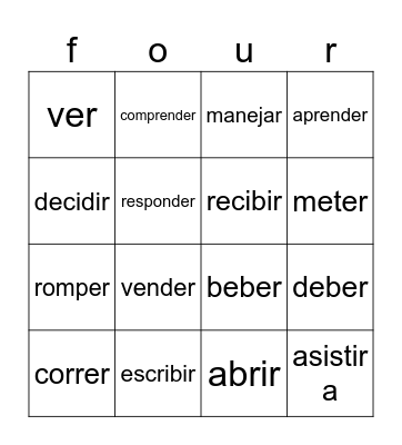 Spanish Verbs Bingo Card