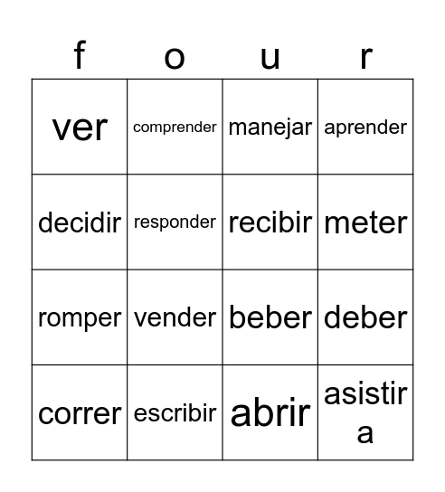 Spanish Verbs Bingo Card