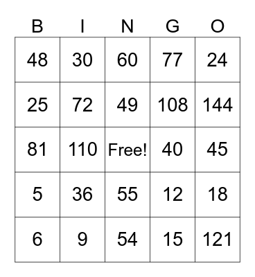 Multiplication Bingo Card