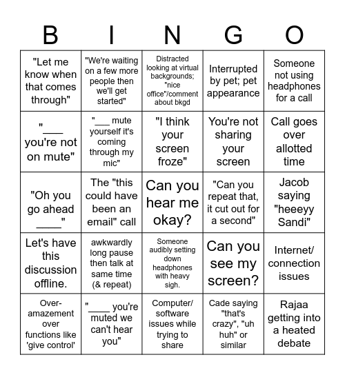 Teams Call Bingo Card