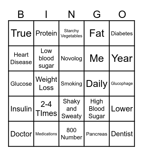 Diabetic Bingo Card