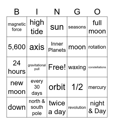 Sun - Earth - Moon Bingo Card