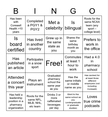 Pharmacy Bingo Card