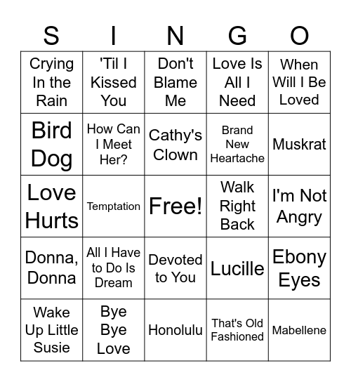 Everly Brothers Bingo Card