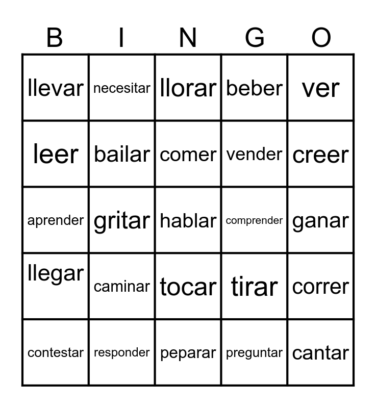 Regular verbs - Spanish I review Bingo Card