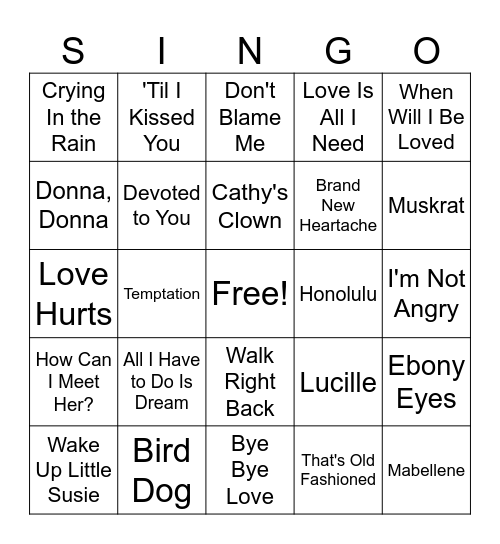 Everly Brothers Bingo Card