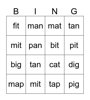 Family Words Bingo Card