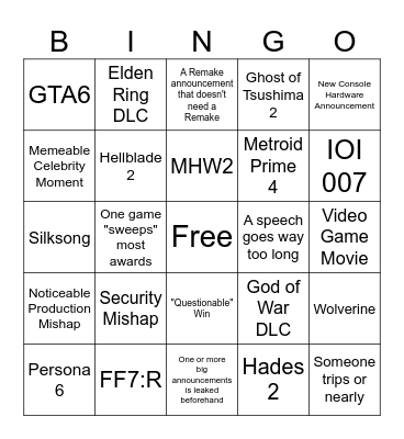 Game Awards Card Bingo Card