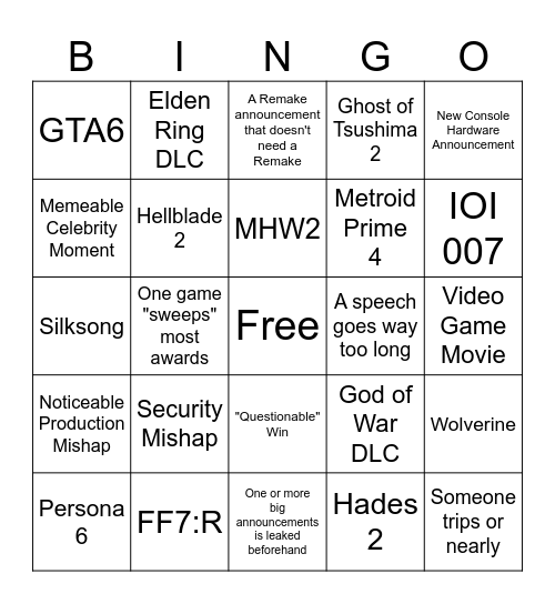 Game Awards Card Bingo Card