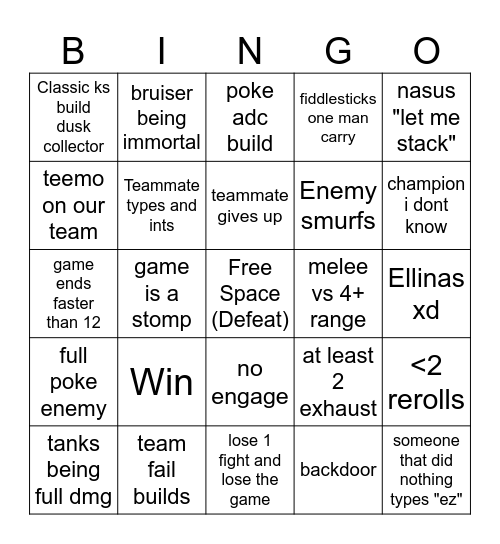 League of legends ARAM Bingo Card