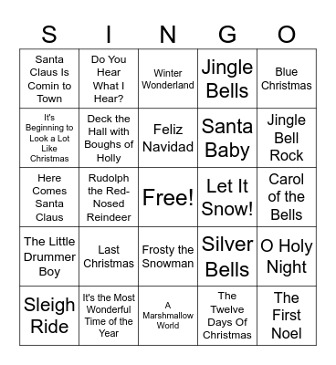 Holiday Hits Bingo Card