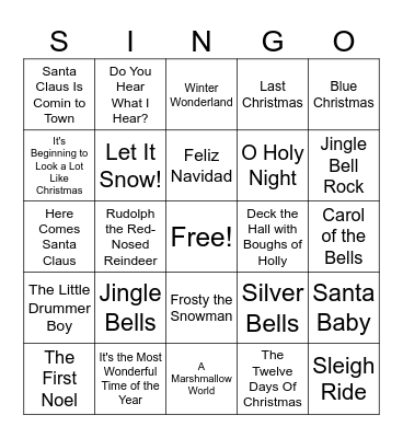 Holiday Hits Bingo Card