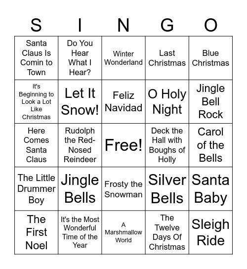 Holiday Hits Bingo Card