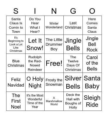 Holiday Hits Bingo Card