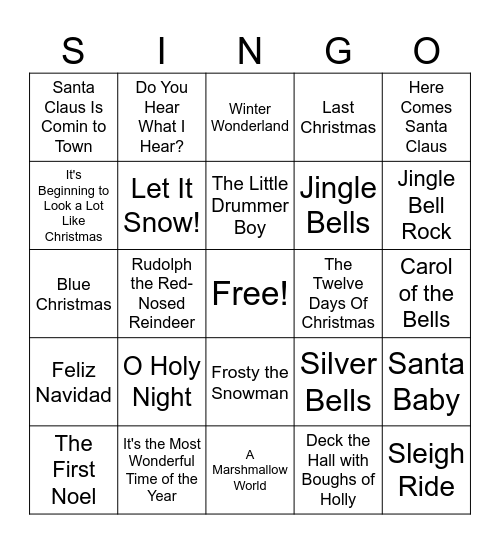 Holiday Hits Bingo Card