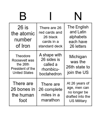 Fun Facts About 26 Bingo Card