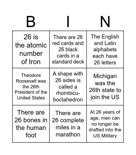 Fun Facts About 26 Bingo Card