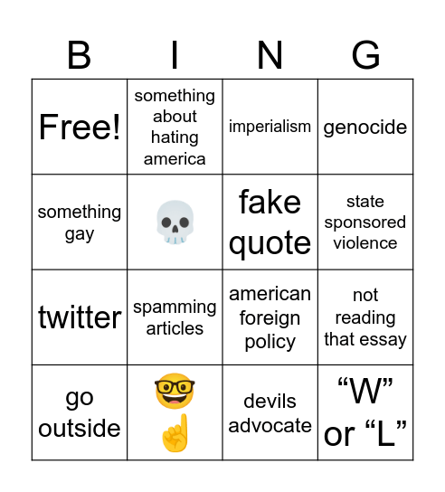 Instagram Debate Bingo Card