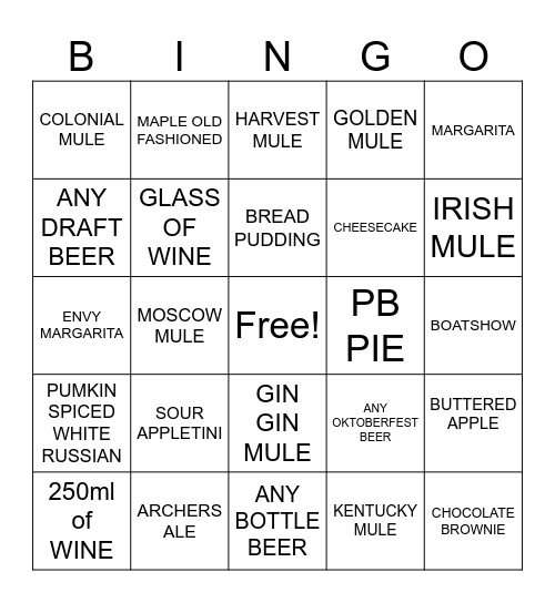 Bar Crawl Bingo Card