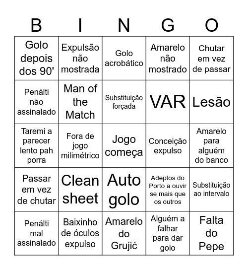 BINGO JOGO DO PORTO Bingo Card