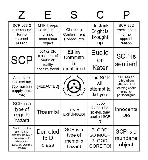 SCP Bingo Card