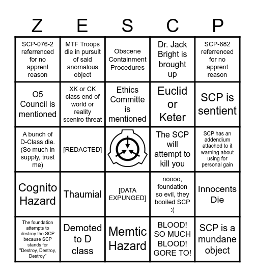 SCP Bingo Card
