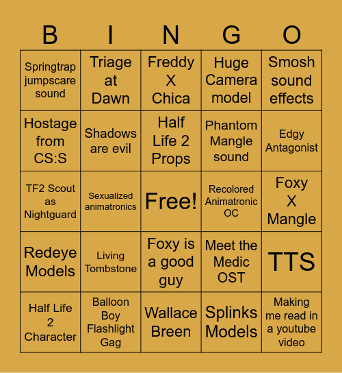 FNAF SFM Bingo Card