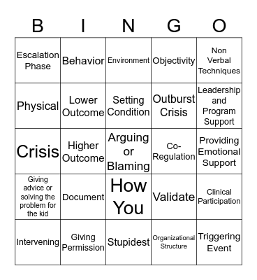 Theraputic Crisis Intervention Bingo Card