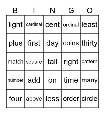 MATHS TERMS Bingo Card