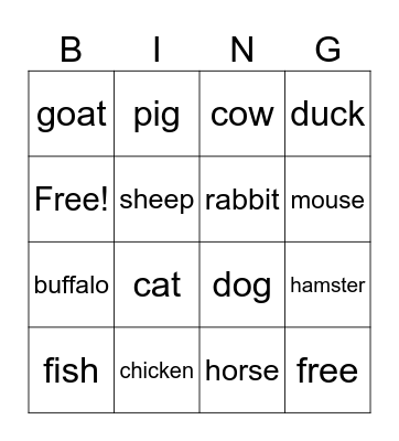 Animals Bingo Card