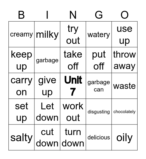 Wordlist unit 7 Bingo Card