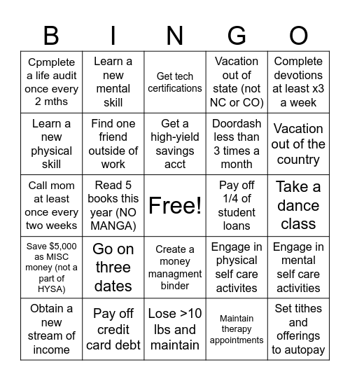 New Year New Me Bingo Card