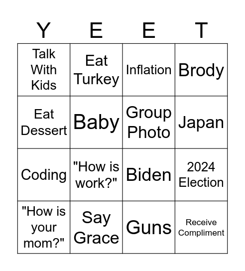 Christmas 2024 YEET Bingo Card