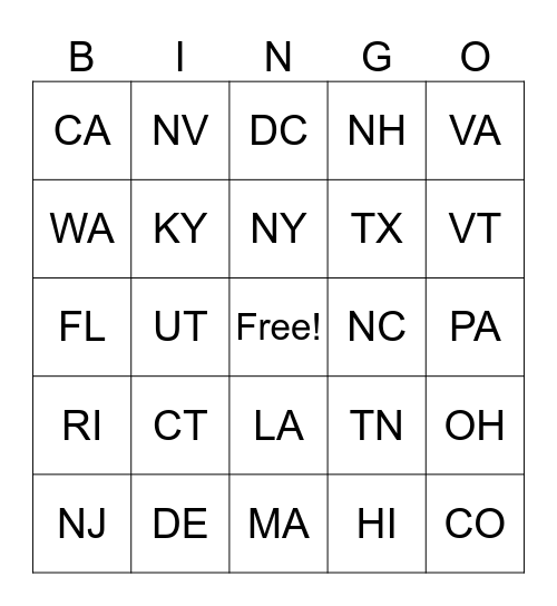 States Bingo Card