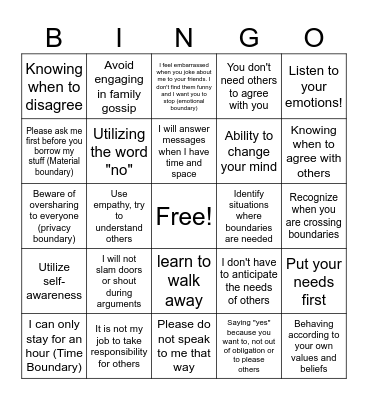 Signs of Healthy Boundaries BINGO Card