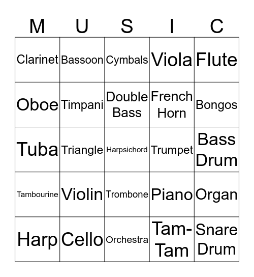 Orchestra Instruments Bingo Card