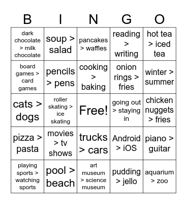 This or That BINGO Card