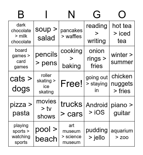 This or That BINGO Card