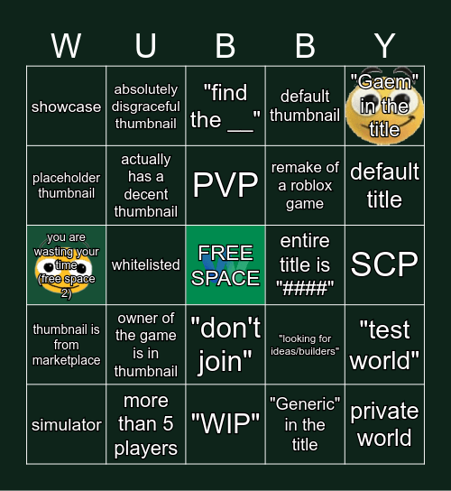 WUBBY WORLD BINGO! Bingo Card