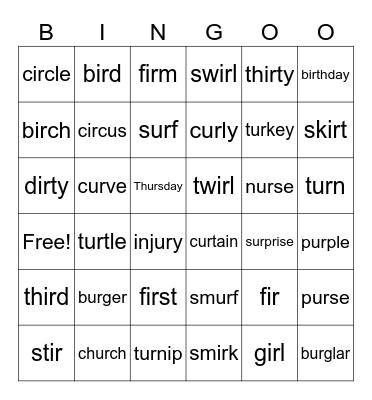 G6 Phonics -ir- and -ur- Bingo Card