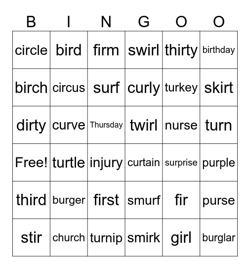 G6 Phonics -ir- and -ur- Bingo Card