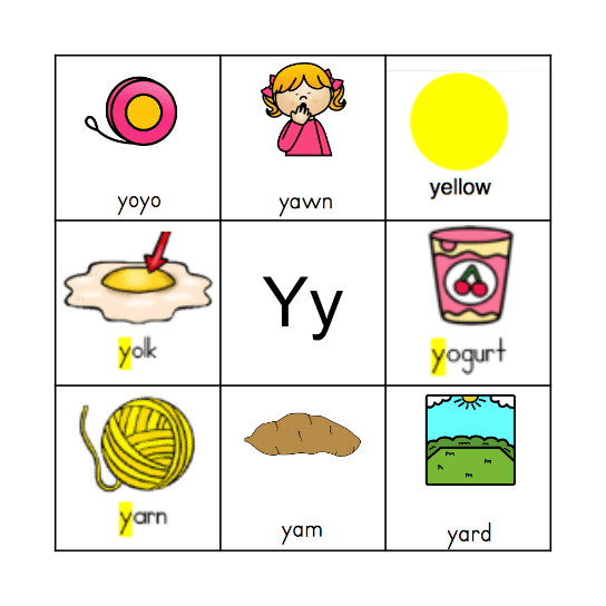 Letter Y Bingo Card