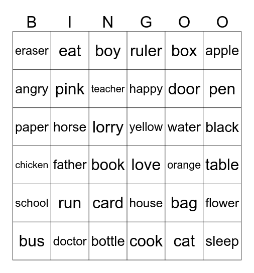 English Bingo Card