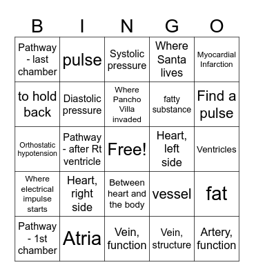 MedT Cardiovascular System Bingo Card