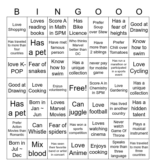Love & Prefer Bingooo Bingo Card