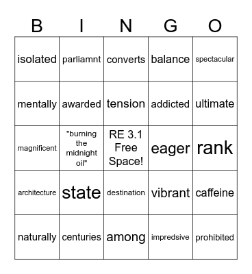 RE3.1  VOCABULARY  Units 5-6 Bingo Card