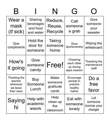 Mr. Salvati's advisory Kindness Bingo Card Bingo Card